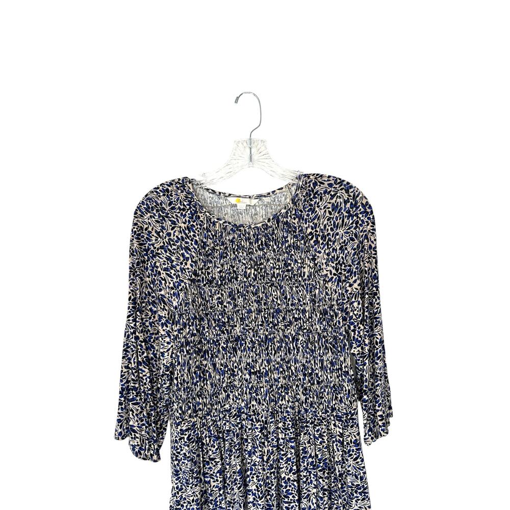 Boden Tunic Blue Tan Floral Print Smocked 3/4 Sleeve Pockets Stretch‎ Size 10R